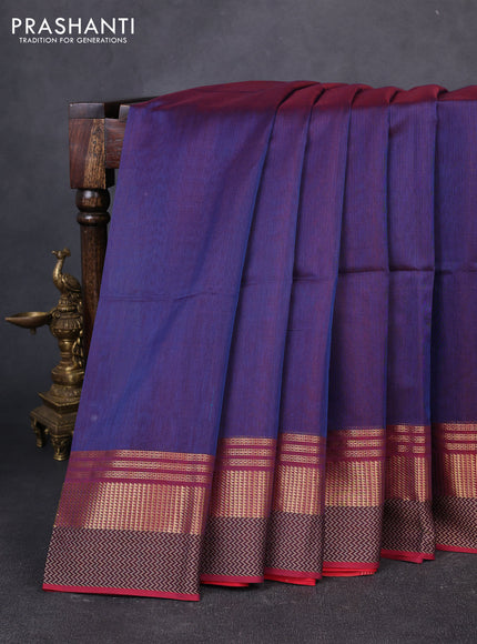Maheswari silk cotton saree dual shade of bluish red and red with plain body and zari & thread woven border