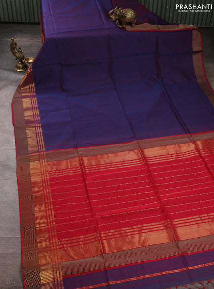Maheswari silk cotton saree dual shade of bluish red and red with plain body and zari & thread woven border