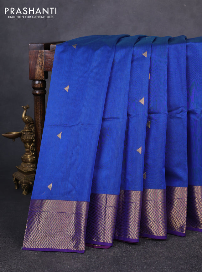 Maheswari silk cotton saree blue and purple with zari woven geometric buttas and zari woven border