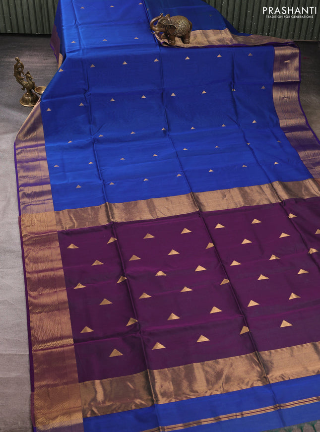 Maheswari silk cotton saree blue and purple with zari woven geometric buttas and zari woven border