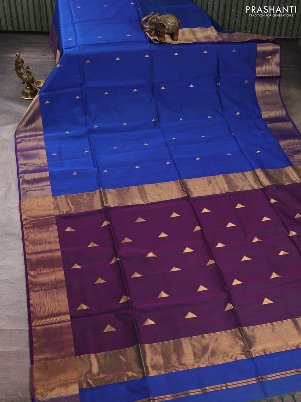 Maheswari silk cotton saree blue and purple with zari woven geometric buttas and zari woven border