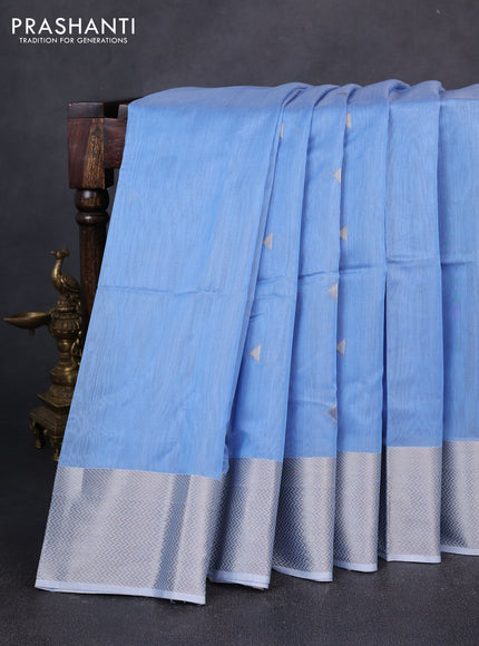 Maheswari silk cotton saree pastel blue and beige with silver zari woven geometric buttas and zari woven border