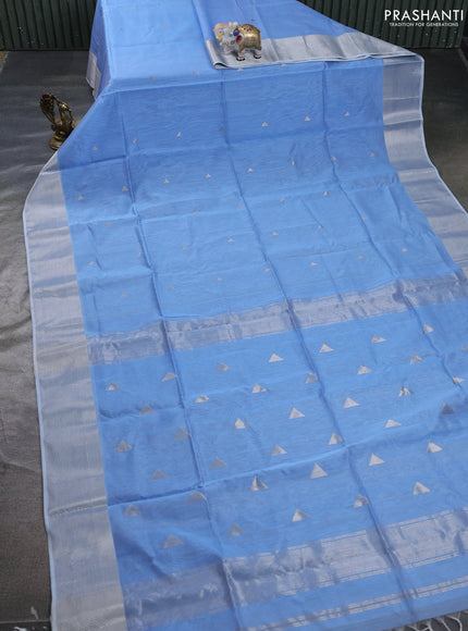 Maheswari silk cotton saree pastel blue and beige with silver zari woven geometric buttas and zari woven border