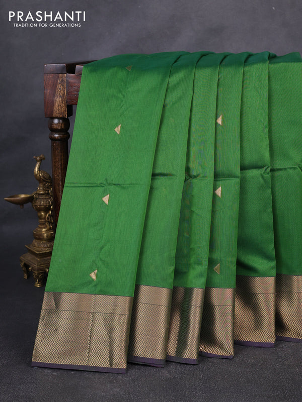 Maheswari silk cotton saree green and purple with zari woven geometric buttas and zari woven border