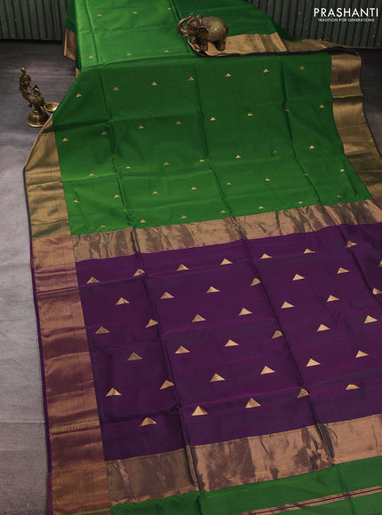 Maheswari silk cotton saree green and purple with zari woven geometric buttas and zari woven border