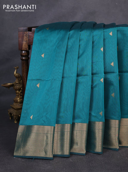 Maheswari silk cotton saree teal green and black with zari woven geometric buttas and zari woven border