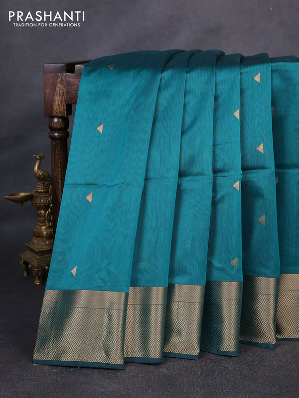 Maheswari silk cotton saree teal green and black with zari woven geometric buttas and zari woven border
