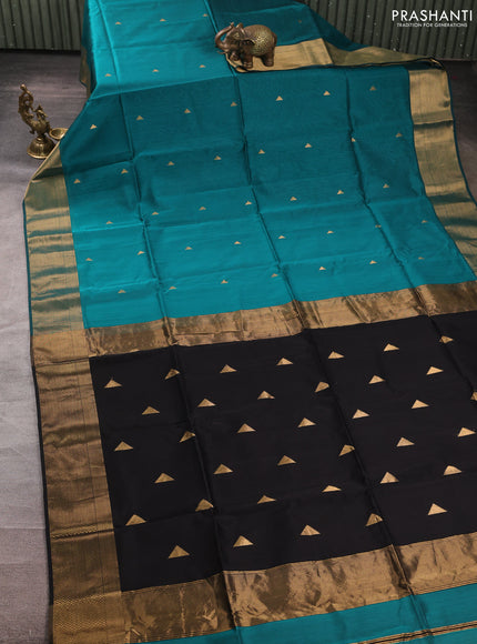 Maheswari silk cotton saree teal green and black with zari woven geometric buttas and zari woven border