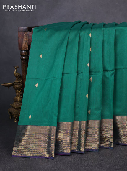 Maheswari silk cotton saree green and purple with zari woven geometric buttas and zari woven border