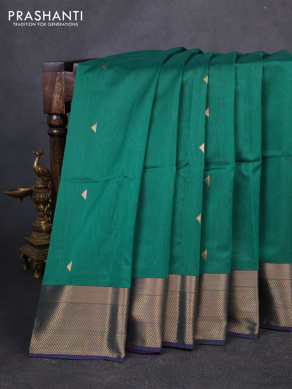 Maheswari silk cotton saree green and purple with zari woven geometric buttas and zari woven border