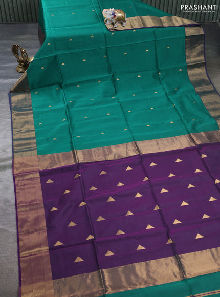 Maheswari silk cotton saree green and purple with zari woven geometric buttas and zari woven border