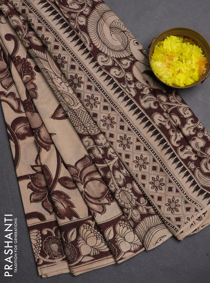 Kalamkari cotton saree beige and dark brown with allover prints and printed border