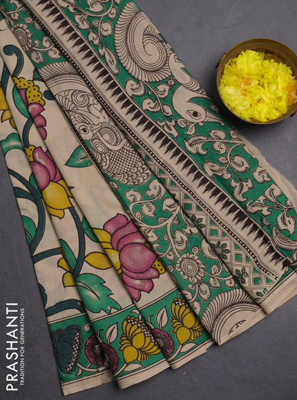 Kalamkari cotton saree beige and green with allover prints and printed border