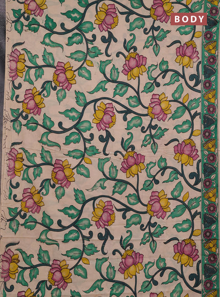 Kalamkari cotton saree beige and green with allover prints and printed border