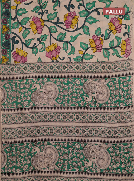 Kalamkari cotton saree beige and green with allover prints and printed border