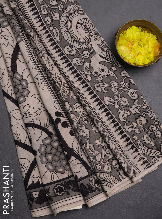 Kalamkari cotton saree beige and grey with allover prints and printed border