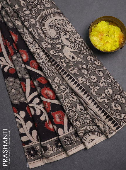 Kalamkari cotton saree black and grey with allover prints and printed border
