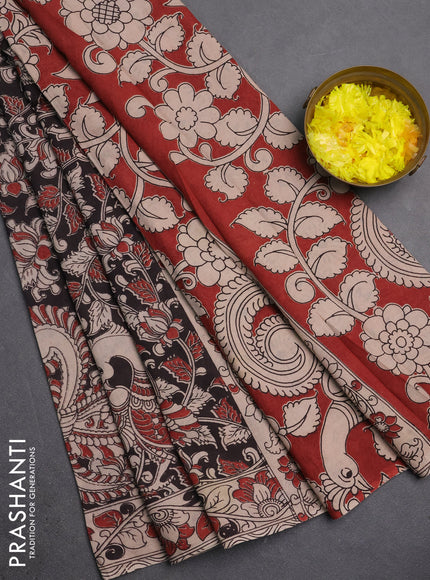 Kalamkari cotton saree black and beige with allover prints and printed border