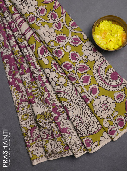 Kalamkari cotton saree deep purple and lime green with allover prints and printed border
