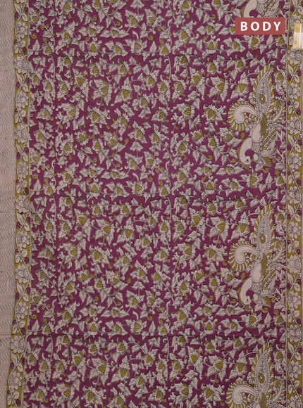 Kalamkari cotton saree deep purple and lime green with allover prints and printed border