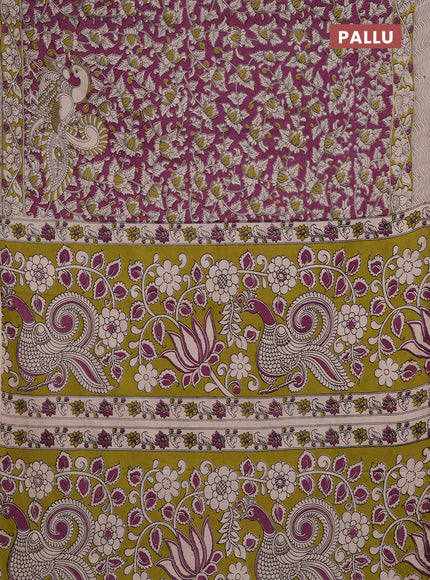 Kalamkari cotton saree deep purple and lime green with allover prints and printed border