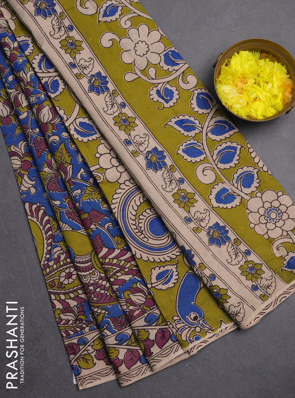 Kalamkari cotton saree blue and beige with allover prints and printed border