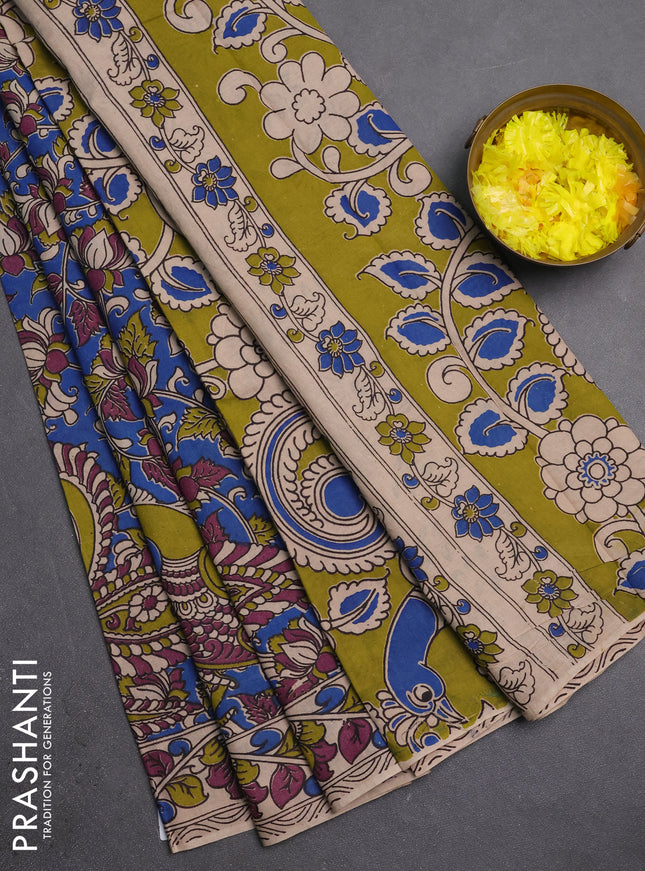 Kalamkari cotton saree blue and beige with allover prints and printed border