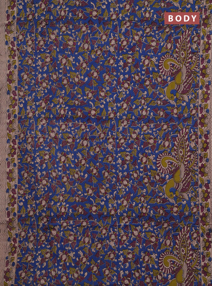 Kalamkari cotton saree blue and beige with allover prints and printed border