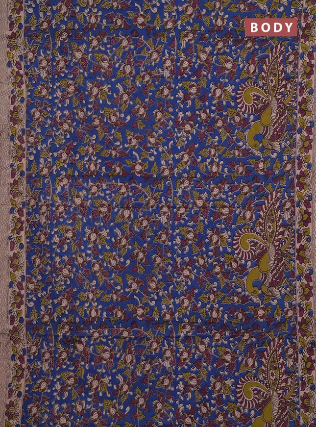 Kalamkari cotton saree blue and beige with allover prints and printed border