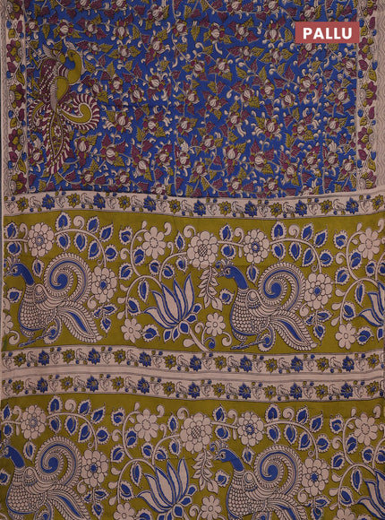 Kalamkari cotton saree blue and beige with allover prints and printed border
