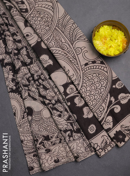 Kalamkari cotton saree black and beige with allover prints and printed border