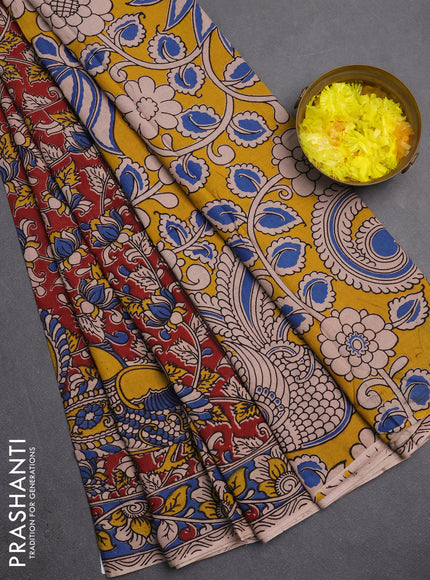 Kalamkari cotton saree maroon and blue with allover prints and printed border