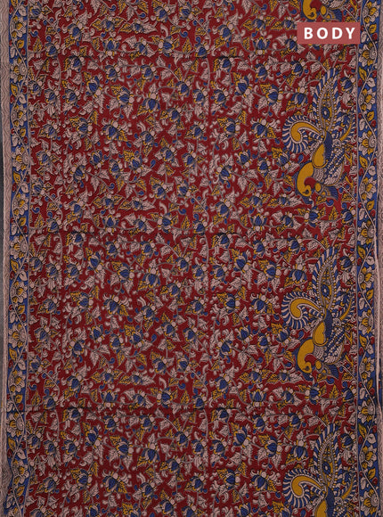 Kalamkari cotton saree maroon and blue with allover prints and printed border