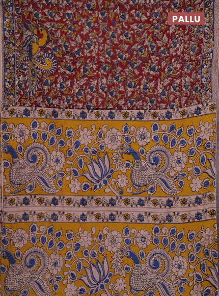Kalamkari cotton saree maroon and blue with allover prints and printed border