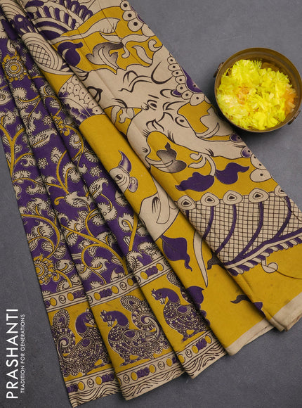 Kalamkari cotton saree lavender and yellow with allover prints and printed border