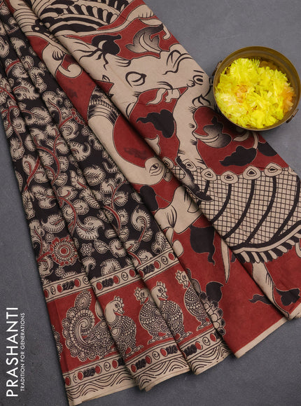 Kalamkari cotton saree black and maroon with allover prints and printed border