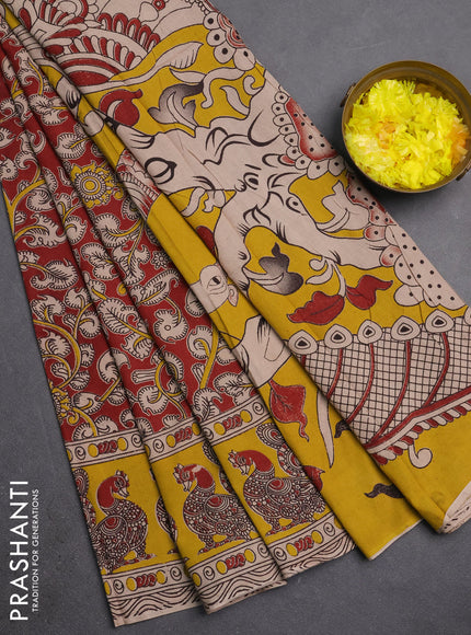 Kalamkari cotton saree maroon and yellow with allover prints and printed border