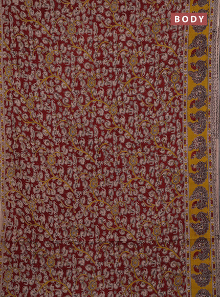 Kalamkari cotton saree maroon and yellow with allover prints and printed border