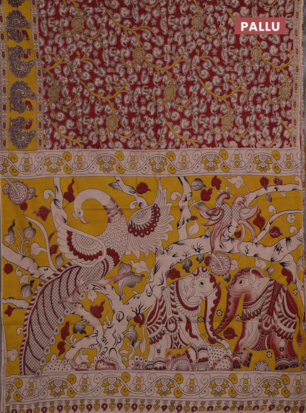 Kalamkari cotton saree maroon and yellow with allover prints and printed border