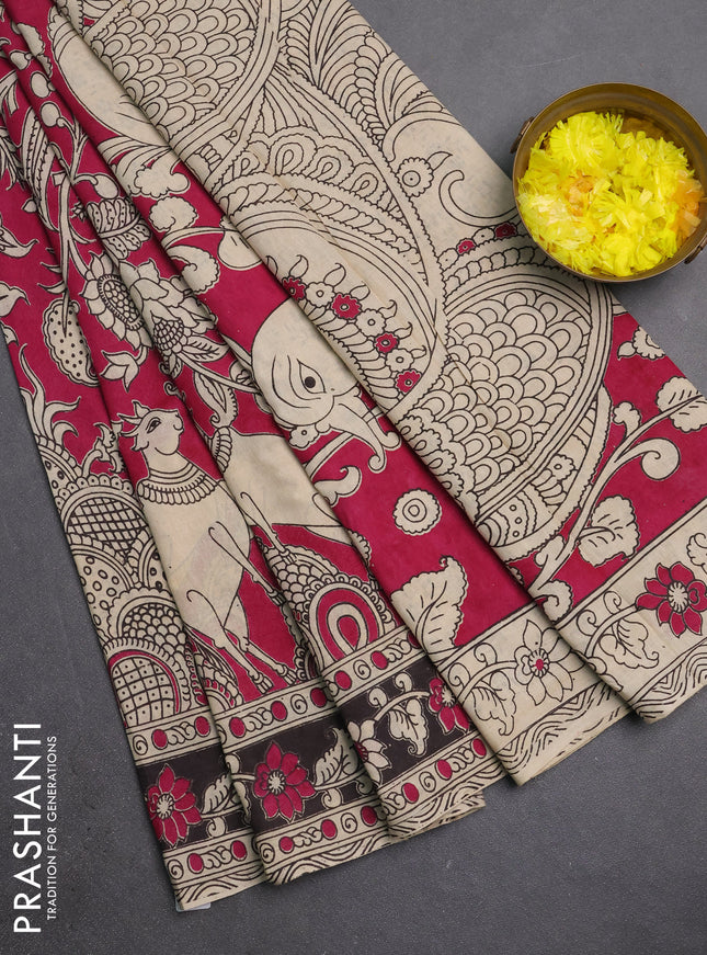 Kalamkari cotton saree magenta pink and black with allover prints and printed border