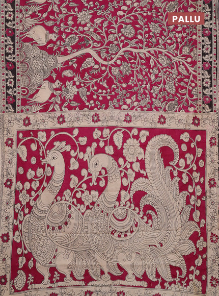 Kalamkari cotton saree magenta pink and black with allover prints and printed border