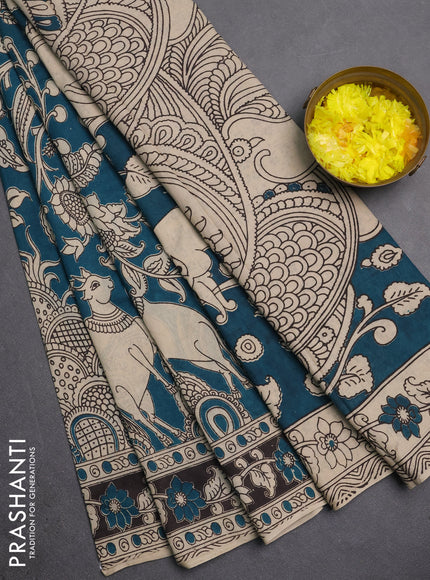 Kalamkari cotton saree peacock green and black with allover prints and printed border