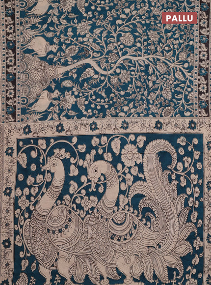 Kalamkari cotton saree peacock green and black with allover prints and printed border