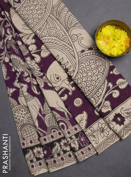 Kalamkari cotton saree deep purple and black with allover prints and printed border