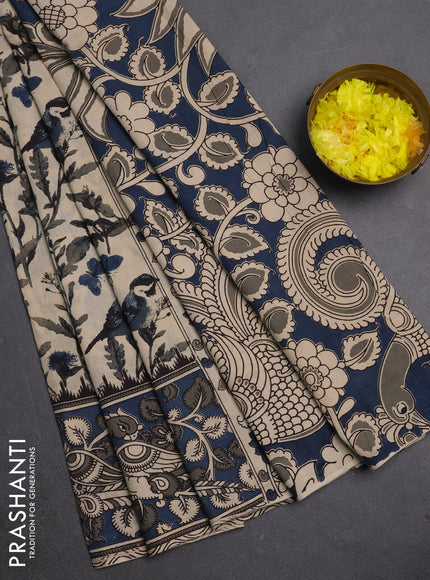 Kalamkari cotton saree beige and peacock blue with allover prints and printed border