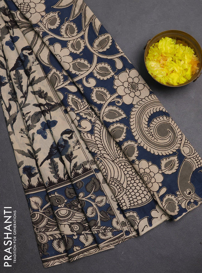 Kalamkari cotton saree beige and peacock blue with allover prints and printed border