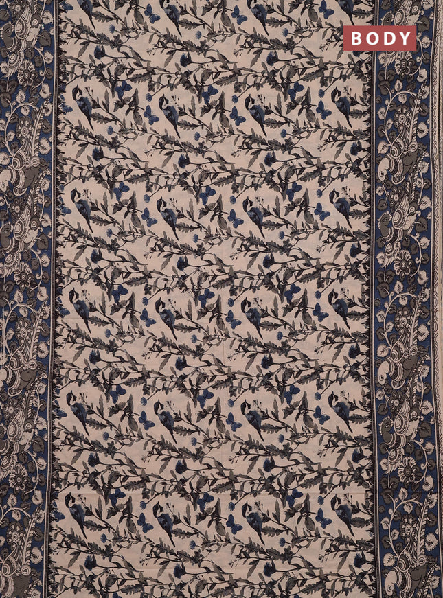 Kalamkari cotton saree beige and peacock blue with allover prints and printed border