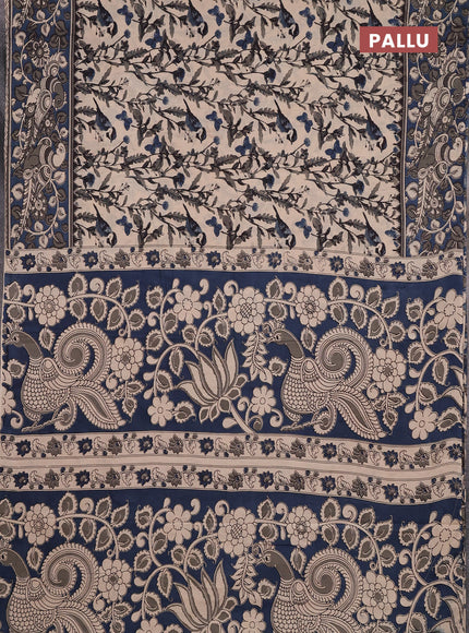 Kalamkari cotton saree beige and peacock blue with allover prints and printed border