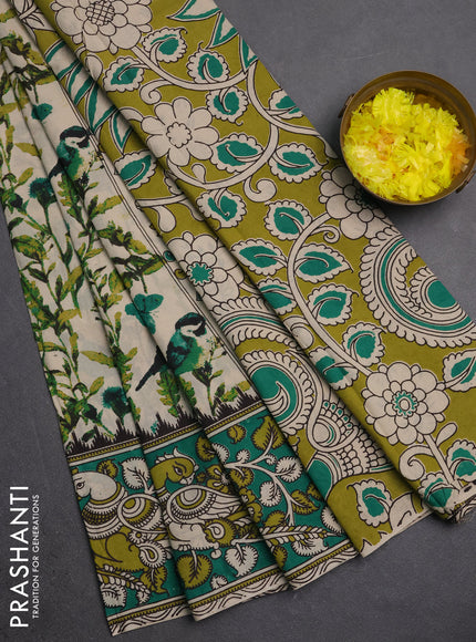 Kalamkari cotton saree beige and green with allover prints and printed border