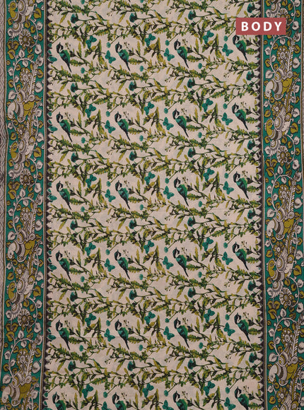 Kalamkari cotton saree beige and green with allover prints and printed border